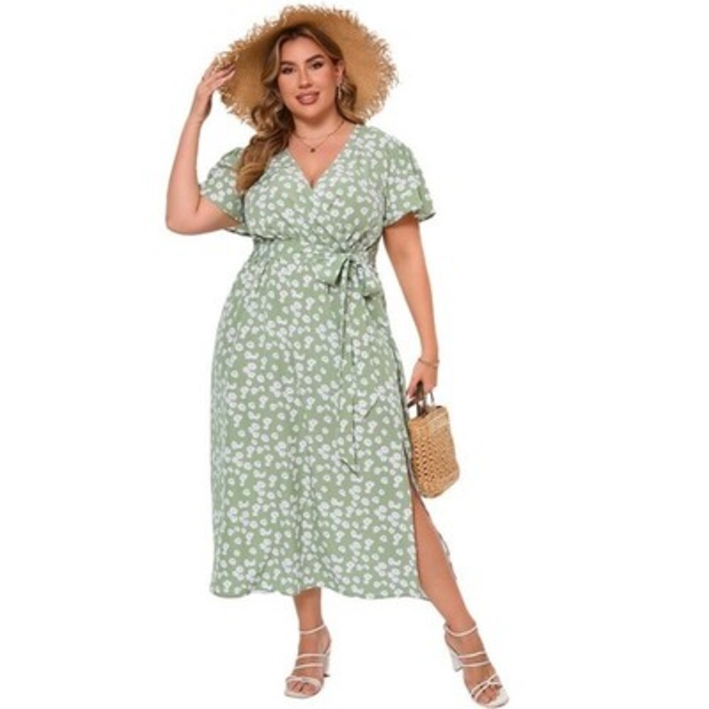 Green Floral Wrap Maxi Dress 4XL Short Sleeve V-Neck Slit Belt A-Line Sundress
